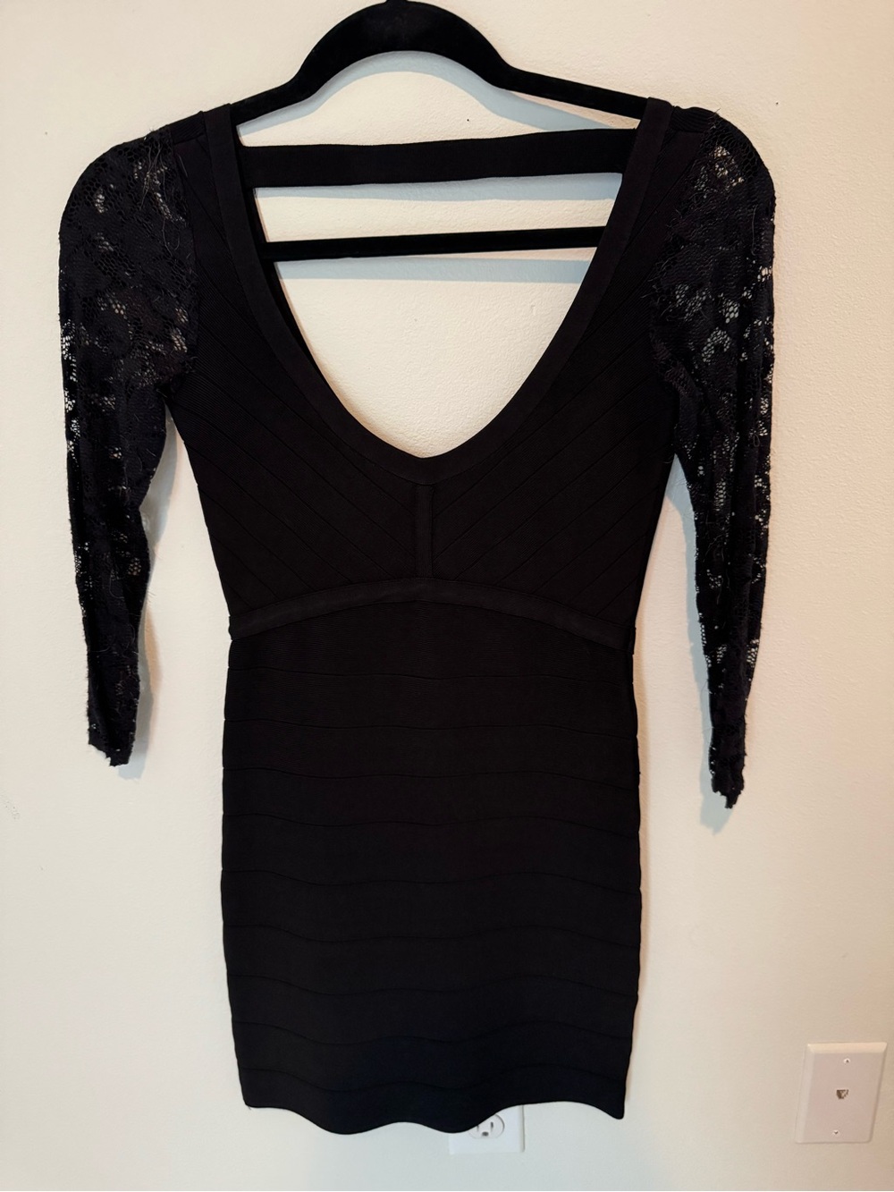 bebe Black V-Neck Bandage Dress with Lace Sleeves